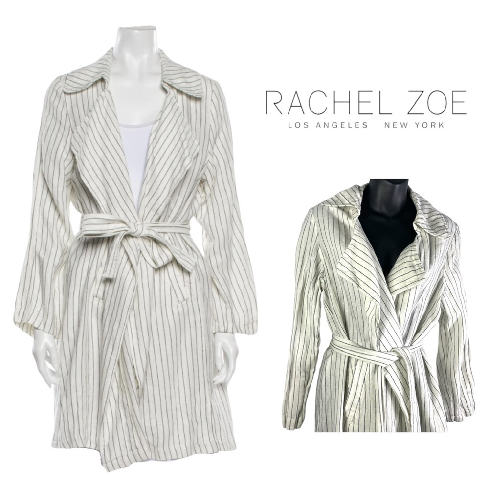 Rachel Zoe Linen Trench Coat Lightweight Long Jacket Pinstriped Robe Small